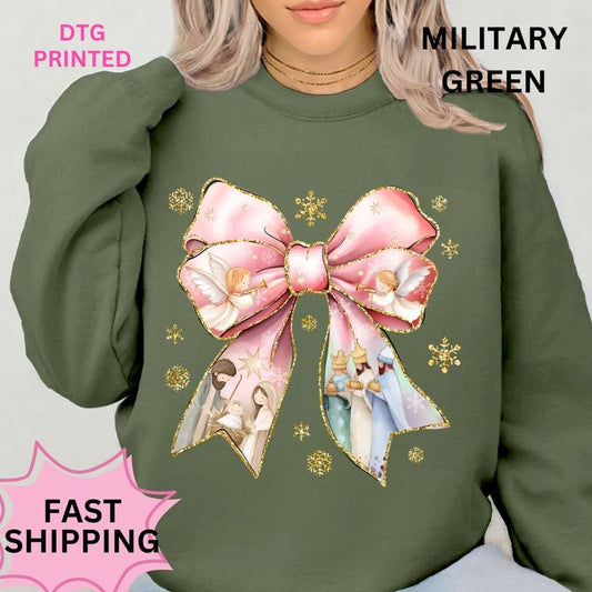 Nativity Bow Christmas Sweatshirt Winter Graphic Long Sleeve Casual Cotton Polyester Oversized sweatshirt - Comfort...