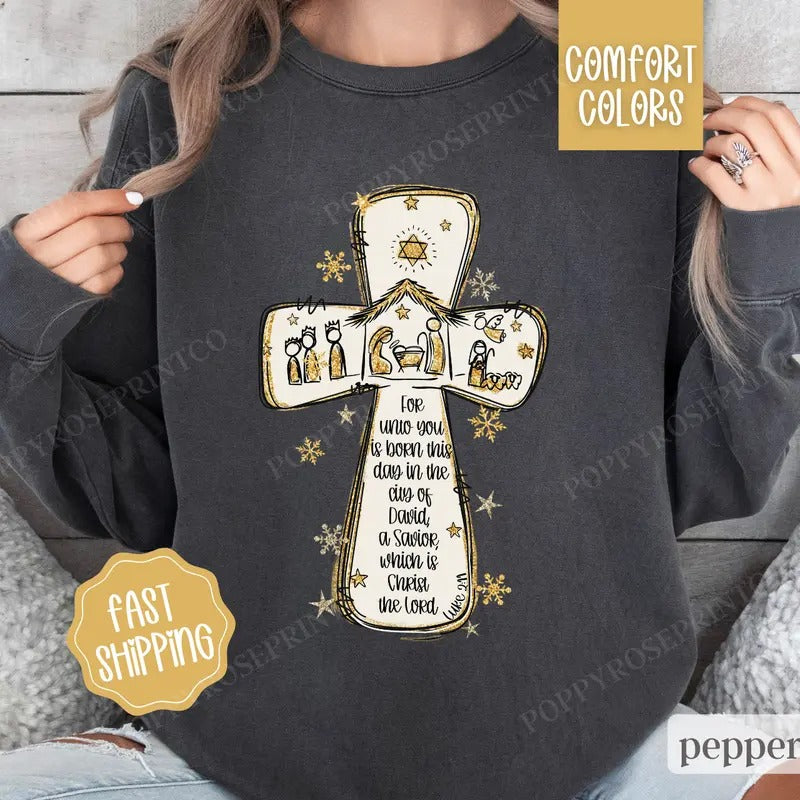 Nativity Christmas Sweatshirt Comfort Colors,  Religious Christmas Sweater Womenswear,  Holiday Crewneck T-Shirts, Hoodie