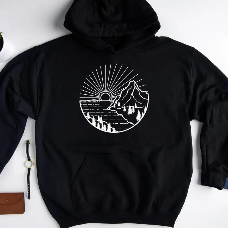 Nature Lover Hoodie - Black Casual Hoodie with Mountain Design for Camping and Hiking, Ideal for Summer and Vacation Wear...
