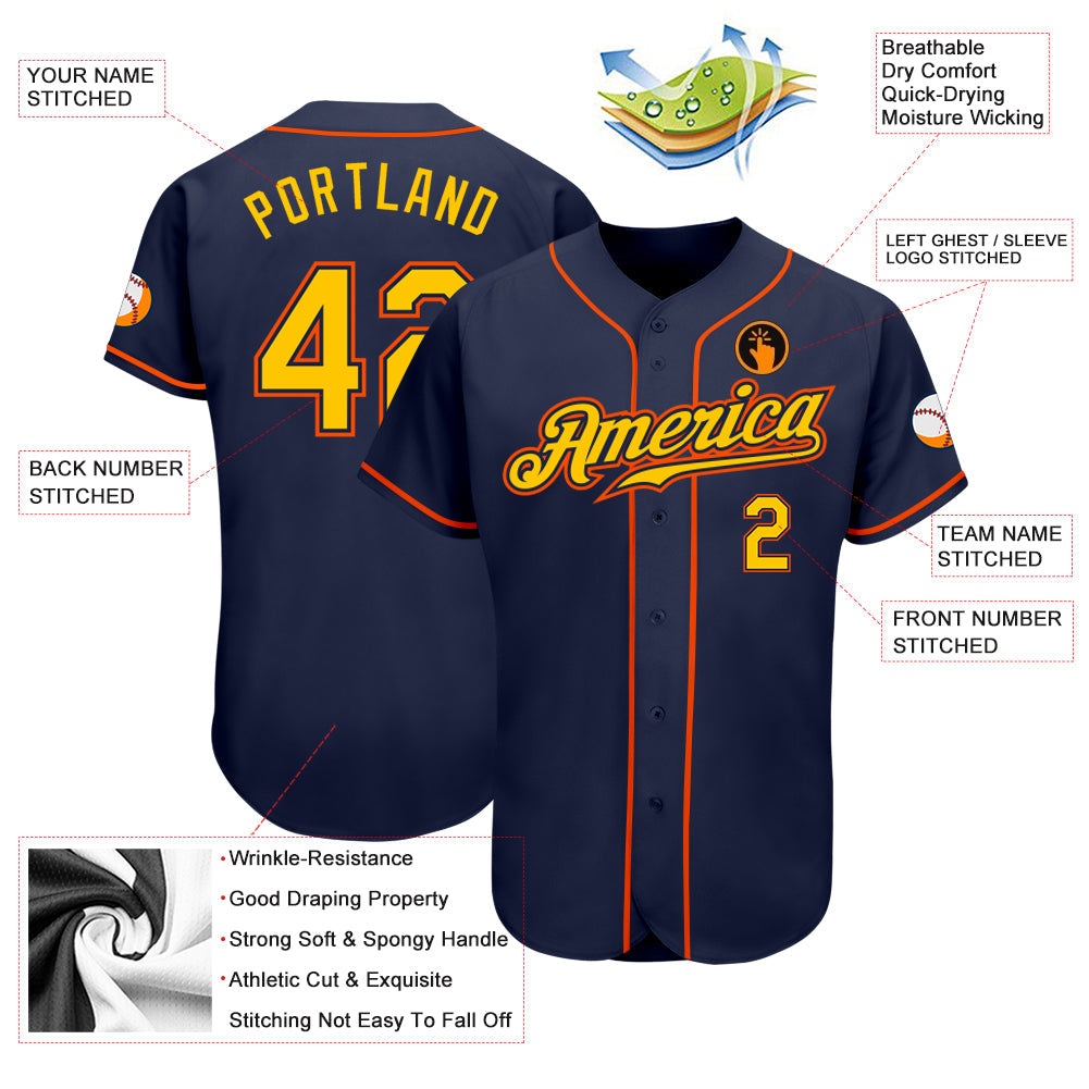 Custom Navy Gold-Orange Authentic Baseball Jersey