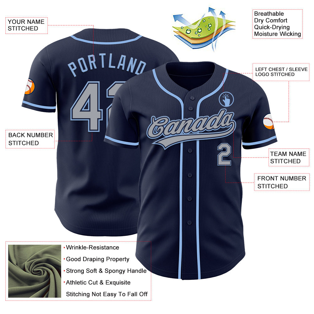 Custom Navy Gray-Light Blue Authentic Baseball Jersey