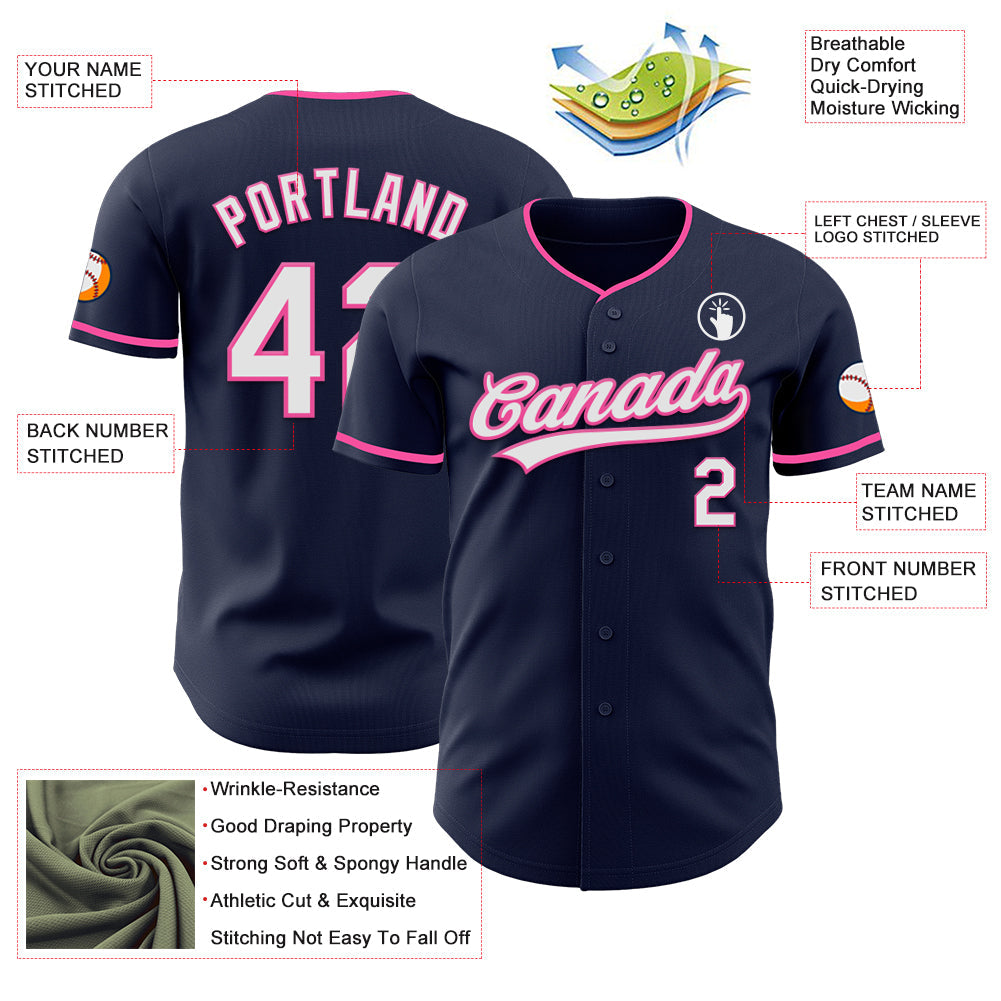 Custom Navy White-Pink Authentic Baseball Jersey