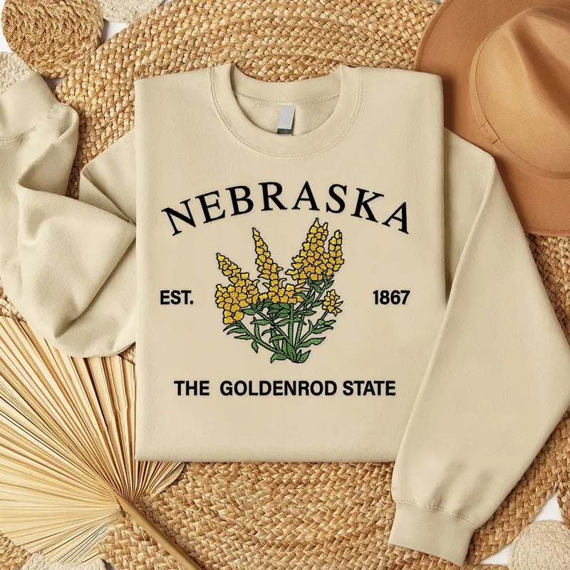 Nebraska Goldenrod Embroidered State Flower Sweatshirt, Hometown Embroidered Shirt, Favorite Flower Embroidered Shirt Hoodie