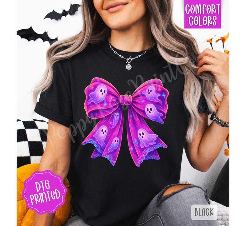 Neon Ghost Bow Shirt Comfort Colors, Trendy Halloween Tshirt Hoodie, Sweatshirt | WearSparks.com