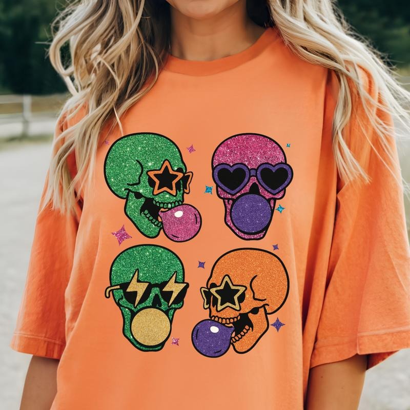 Neon Glitter Skulls Halloween Shirt ~ Unisex Apparel Relaxed Fit Printed In The USA Clothing Womenswear Casual Comfort...