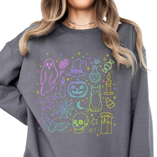 Neon Halloween Doodles Crewneck ~ Unisex Apparel Relaxed Fit Printed In The USA Clothing Womenswear Casual Comfort Cotton...