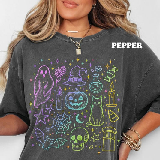 Neon Halloween Doodles Shirt ~ Unisex Apparel Relaxed Fit Printed In The USA Clothing Womenswear Casual Comfort Cotton...