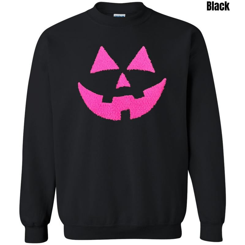 Neon Pink Jack-O-Lantern Fluffy Patch Sweatshirt T-Shirts, Hoodie | WearSparks.com