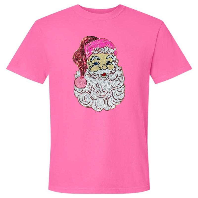 Neon Pink Santa Sequin Patch Comfort Colors T-Shirt Hoodie, Sweatshirt | WearSparks.com