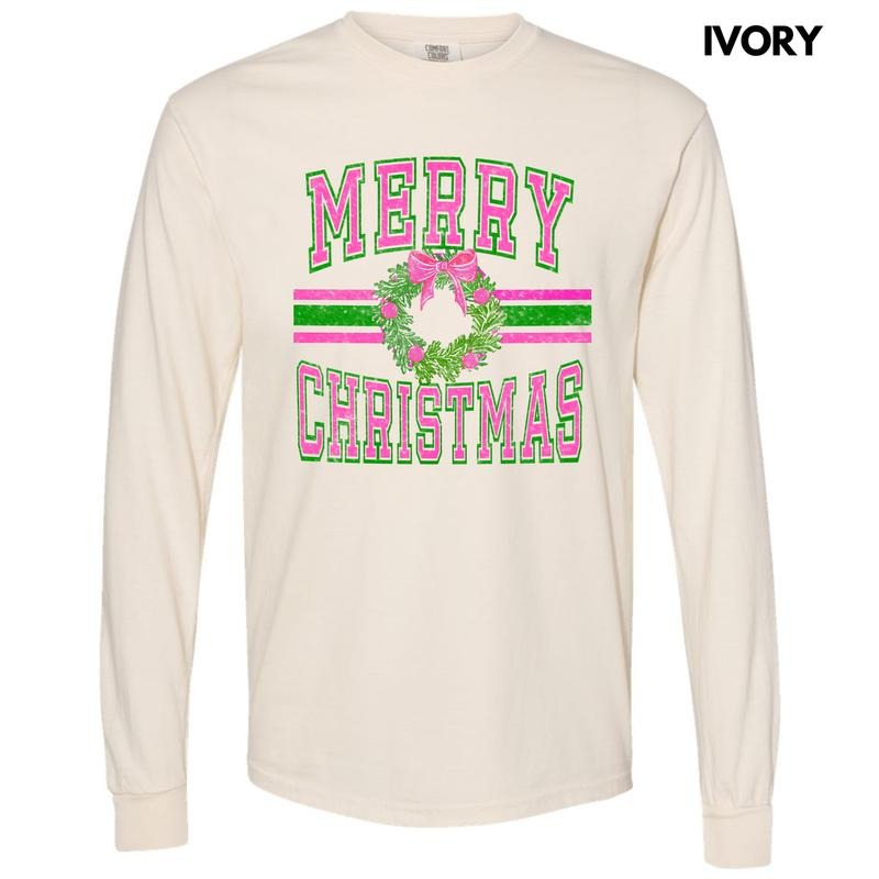 Neon Varsity Merry Christmas Long Sleeve Comfort Colors T-Shirt 'NLB' Hoodie, Sweatshirt | WearSparks.com
