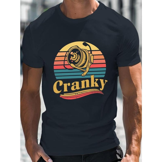 New Breathable Men's Fashion Cranky Fishing Reel Design Print Comfy T-Shirt, Casual Round Neck Short Sleeve Tee For...