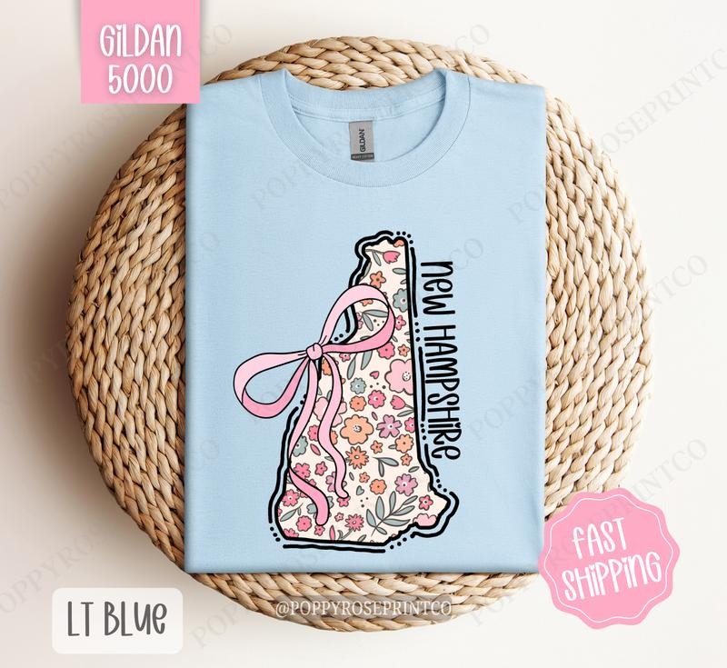 New Hampshire Gildan T-shirt, Cute New Hampshire State Shirt, New Hampshire Floral Bow Tee Hoodie, Sweatshirt