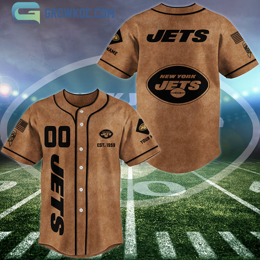 New York Jets Brown American Flag Personalized Baseball Jersey