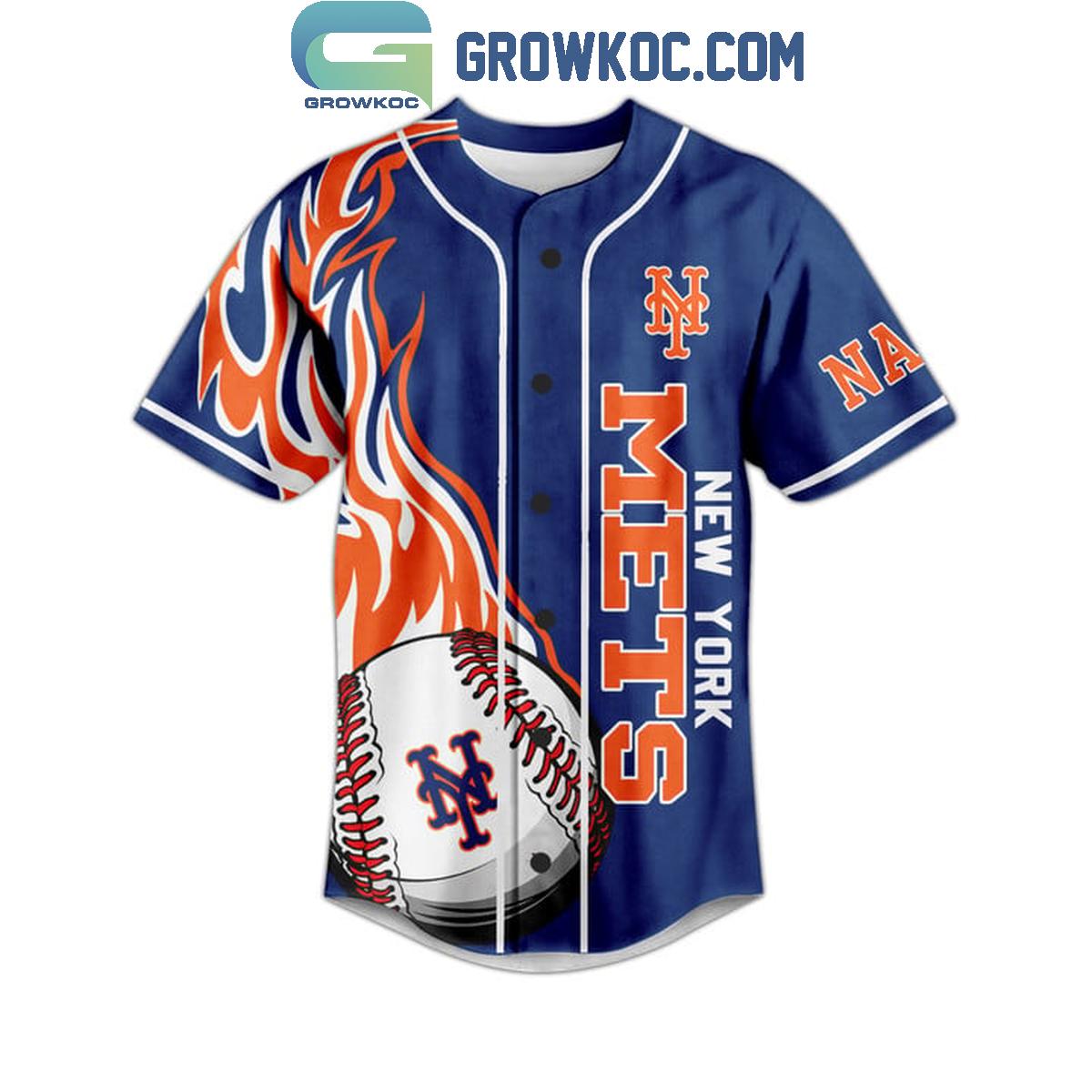 New York Mets Let’s Go Mets Flames Personalized Baseball Jersey