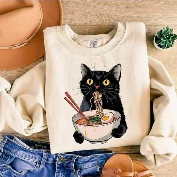 Noodle Cat Shirt, Ramen Cat Mom Sweatshirt, Cat Lovers Shirt, Black Cat Noodle Shirt, Retro Black Cat Tees, Cat Lover...