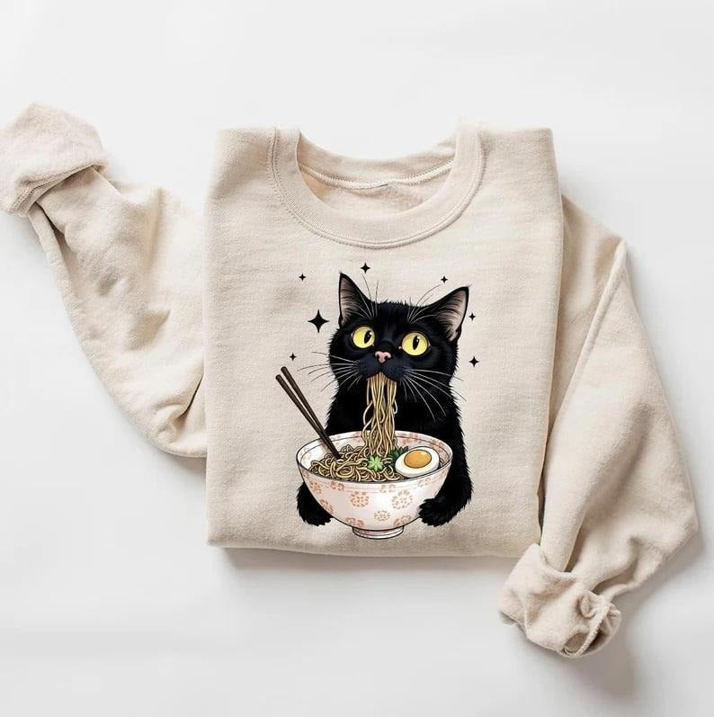 Noodle Cat Shirt, Ramen Cat T-Shirt, Foodie Lover Shirts, Black Cat Noodle T-Shirts, Retro Cat Tees, Black Cat Shirt, Cat...