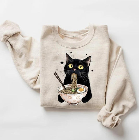 Noodle Cat Shirt, Ramen Cat T-Shirt, Foodie Lover Shirts, Black Cat Noodle T-Shirts, Retro Cat Tees, Black Cat Shirt, Cat...