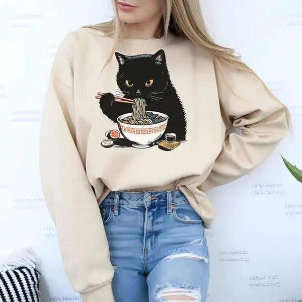 Noodle Cat Shirt, Ramen Cat T-Shirt, Foodie Lover Shirts, Black Cat Noodle T-Shirts, Retro Cat Tees, Cat Lover...