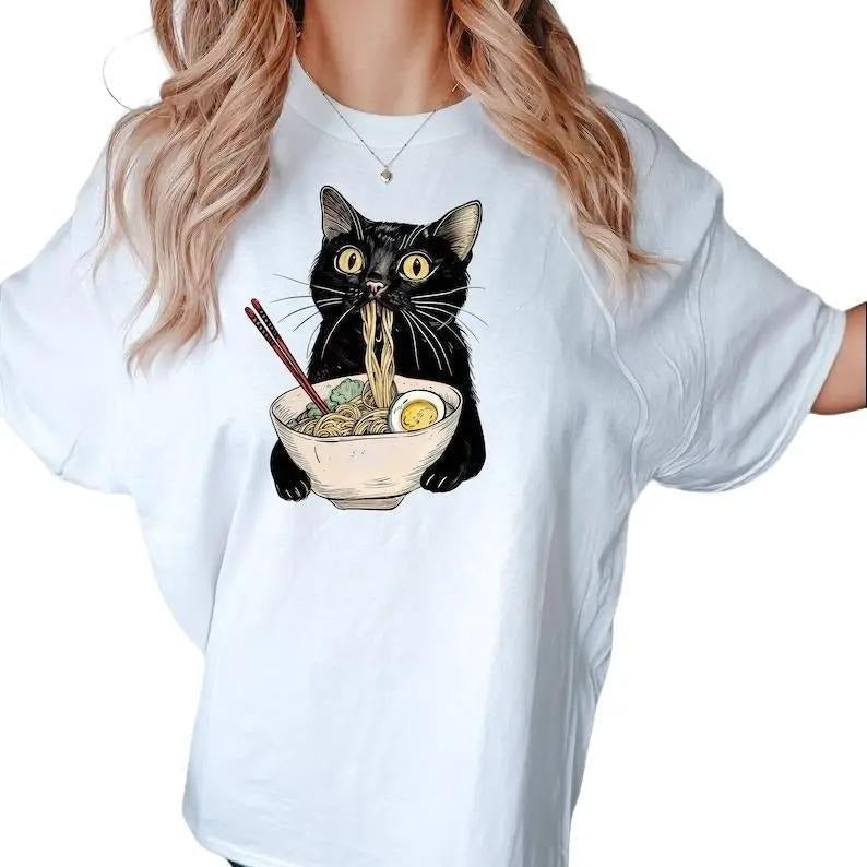 Noodle Cat T-Shirt, Ramen Cat Shirt, Retro Cat Tees, Cat Lover Shirt, Anime Tee Hoodie, Sweatshirt | WearSparks.com