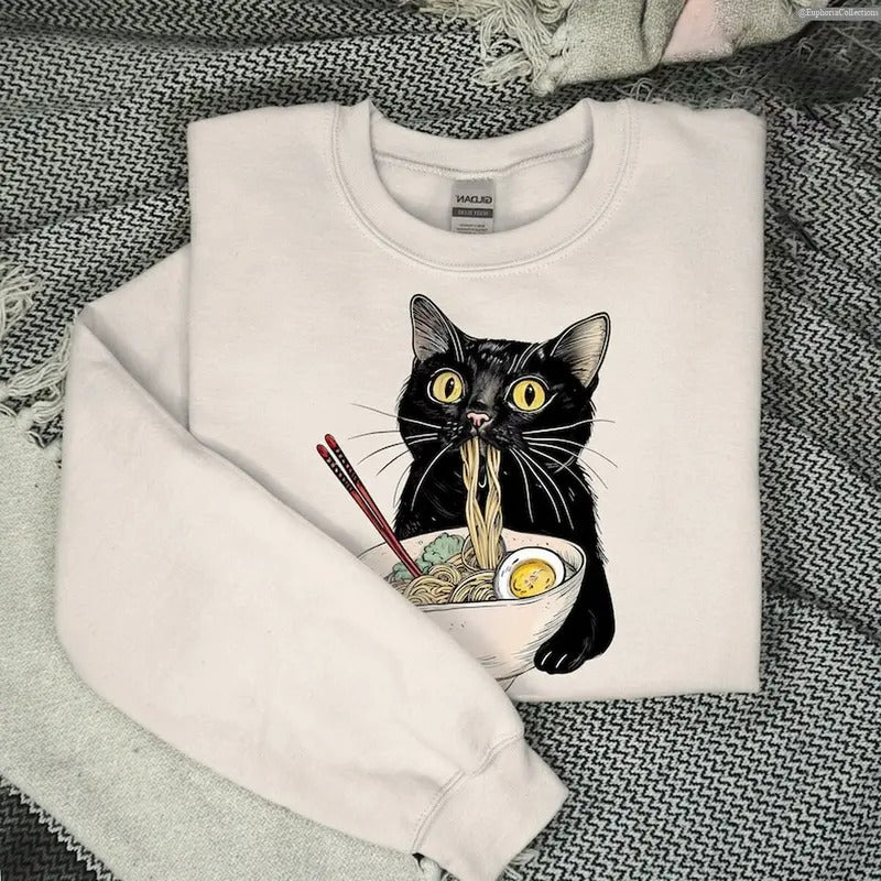 Noodle Ramen Cat Shirt, Sweater, Hoodie, Foodie Cat Pet Lover Shirts, Black Cat Noodle T-Shirts, Retro 90s Cute Minimal...