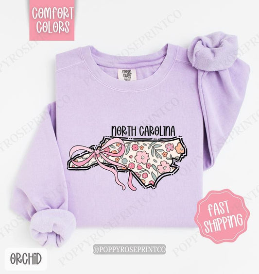 North Carolina Floral Comfort Colors Sweatshirt, North Carolina Sweatshirt, Cute Bow North Carolina Sweatshirt T-Shirts,...