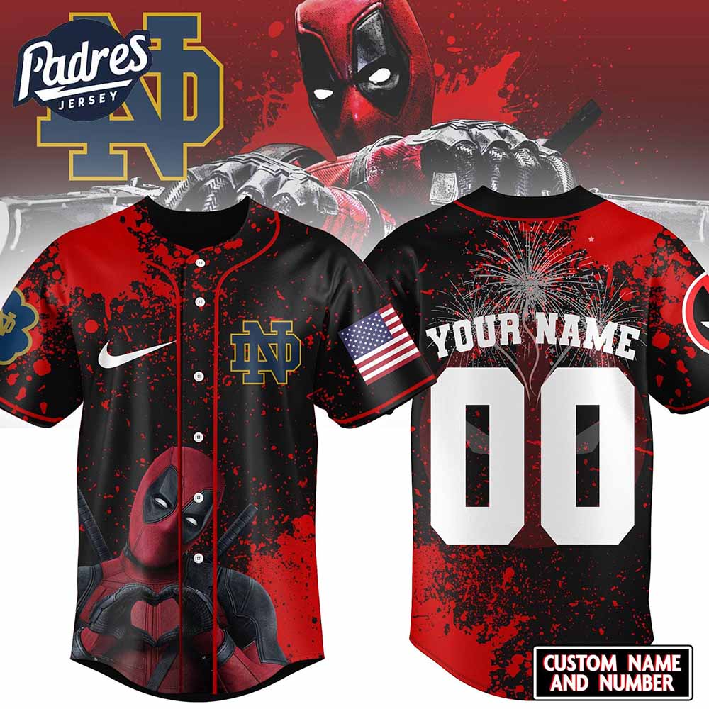 Notre Dame Fighting Irish Football x Deadpool Baseball Jersey Outfit - Padres Jersey Oasis: Elevate Your... (Image 1)