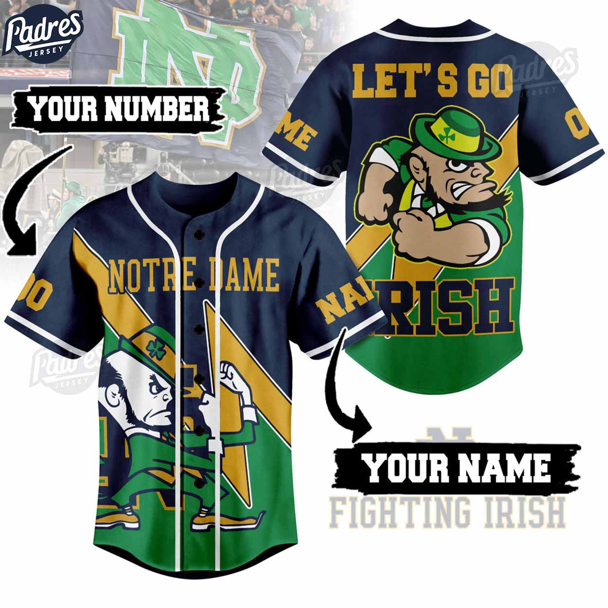 Notre Dame Let's Go Irish Football Custom Baseball Jersey - Padres Jersey Oasis: Elevate Your Baseball Style... (Image 1)