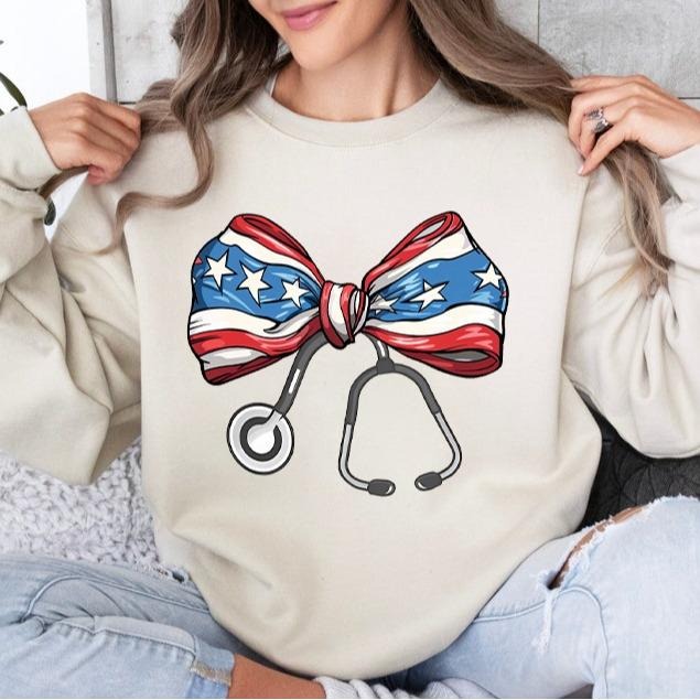 Nurse America Coquette Shirt, 4th Of July Coquette Tee, Nurse Bow Ribbon Stethoscope Coquette Bow Shirt, Brushstroke...