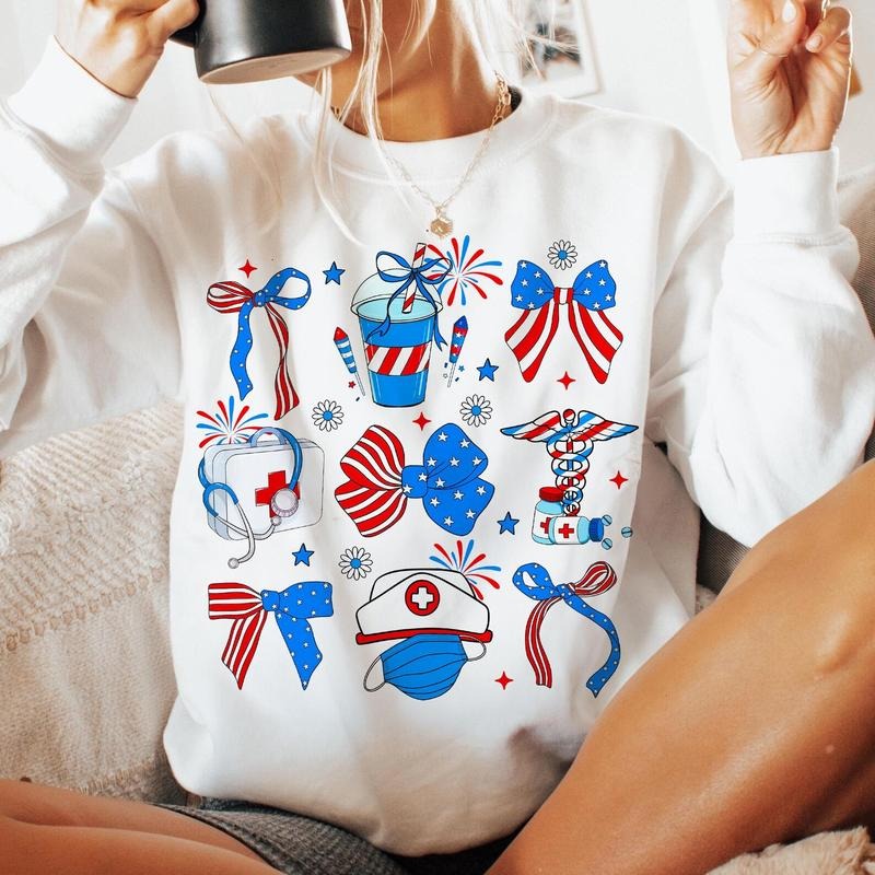 Nurse America Coquette Shirt, 4th Of July Coquette Tee, Nurse Bow Ribbon Stethoscope Coquette Bow Shirt, Nurse Life USA...