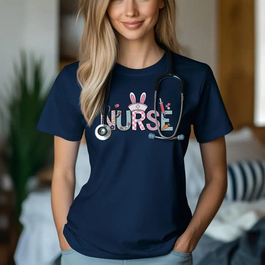 Nurse Bunny Ears Graphic Unisex T-Shirt | Trendy Easter Apparel for Medical Professionals Casual Crewneck Hoodie, Sweatshirt