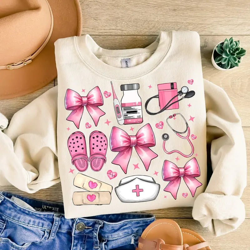 Nurse Coquette Bow Valentine's Day Shirt for Women - Cotton T-shirt - Fabric Hoodie, Sweatshirt | WearSparks.com