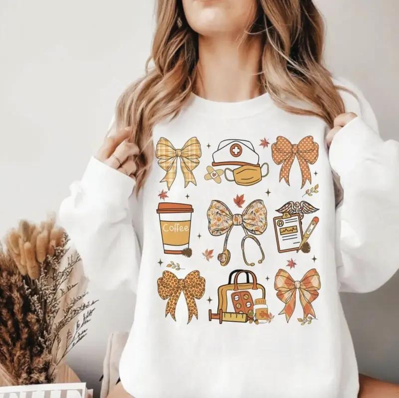 Nurse Fall Coquette Sweatshirt, Autumn Pumpkin Tee, Preppy Nursing Shirt, Cute Bow Coquette Nurse Gifts, Cozy Fall Nurse...