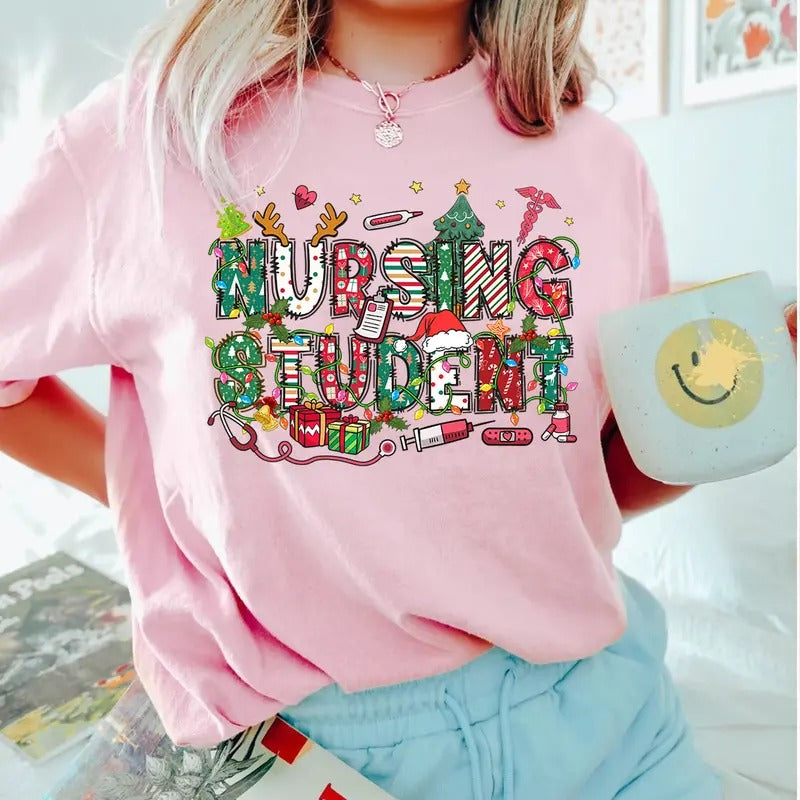 Nursing Student Christmas T-shirt for Women, Christmas Nurse Shirt, Christmas Gift for Nurse, Holiday Nursing Tee Hoodie,...