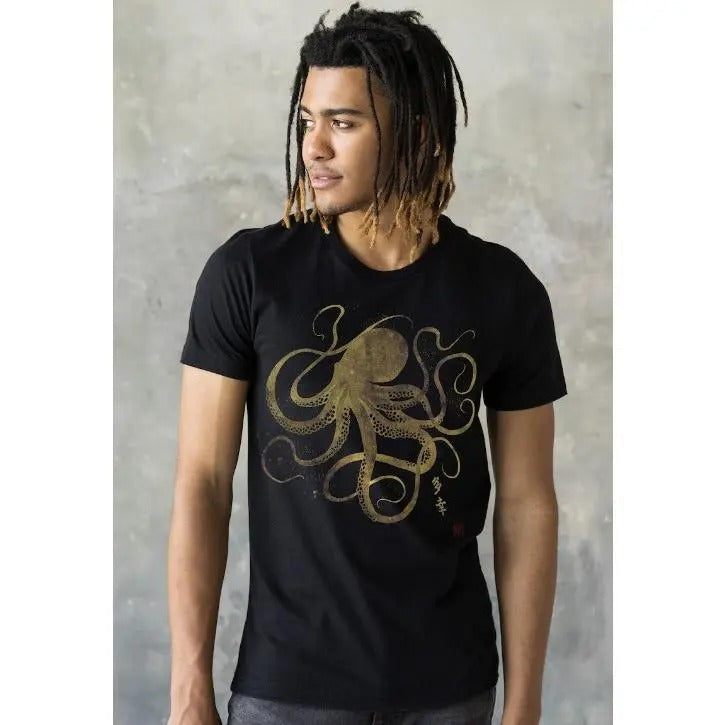 Octopus Japanese Calligraphy T Shirt Gyotaku Traditional Art Japan Anime Manga Gold Print Yoga Martial Arts Samurai Mens...