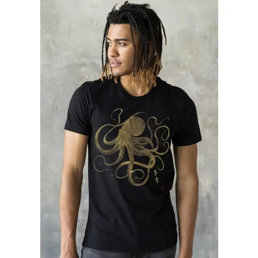 Octopus Japanese Calligraphy T Shirt Gyotaku Traditional Art Japan Anime Manga Gold Print Yoga Martial Arts Samurai Mens...