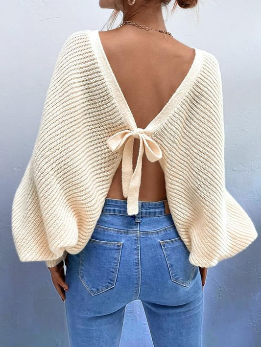 Off The Shoulder Pullover Sweater Long Sleeve Tie Back Knitted Drop Shoulder Sweater Tops T-Shirts, Hoodie, Sweatshirt