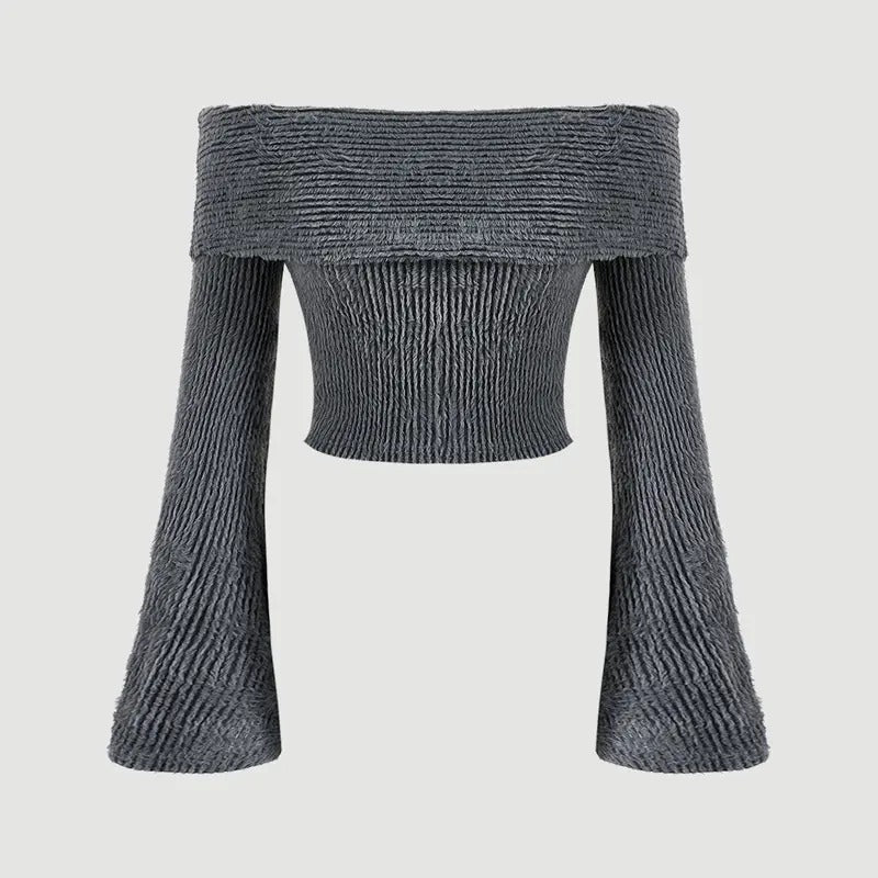 Off The Shoulder Sweater Bell Long Sleeve Slim Fitted Crop Tee TopY2K Hoodie, Sweatshirt | WearSparks.com