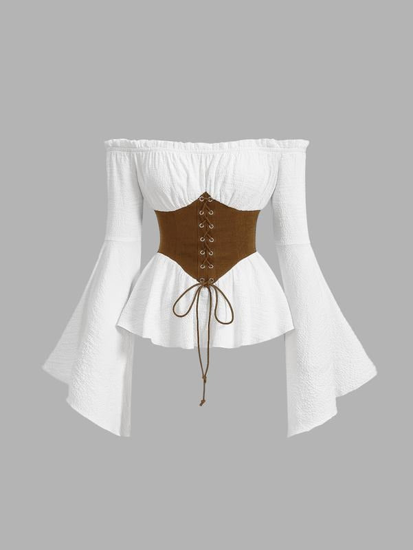 Off The Shoulder Tops Going Out Y2K Ruffle Long Sleeve Lace Up Blouse Shirt Tops Hoodie, Sweatshirt | WearSparks.com