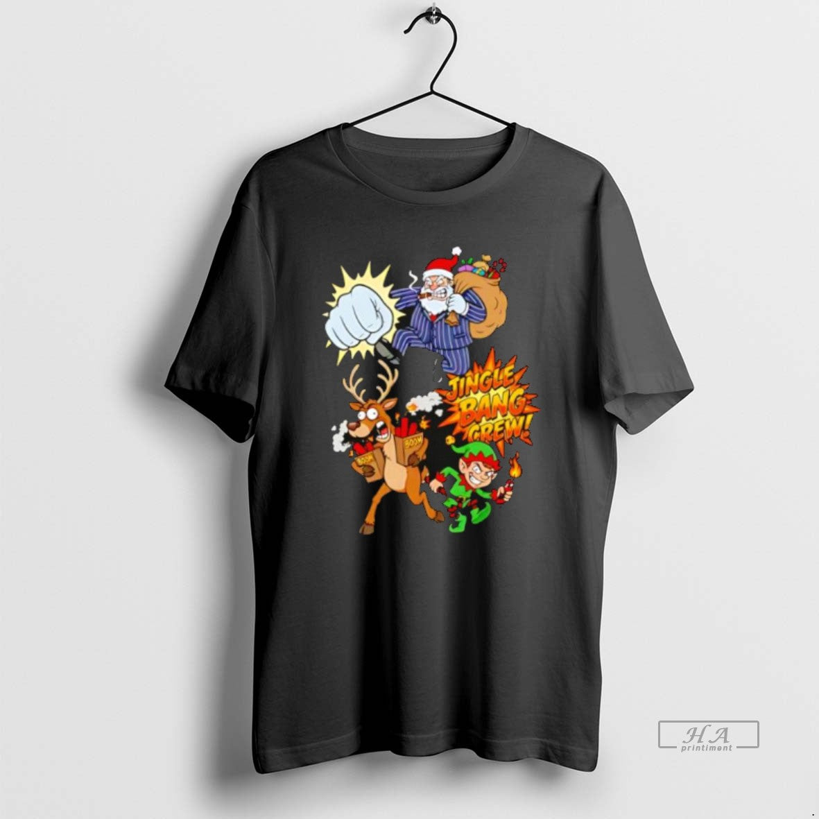 Official Jingle Bang Crew Funny Mafia Santa Reindeer And Elf Christmas Cartoon T-Shirts, Hoodie, Sweatshirt | WearSparks.com