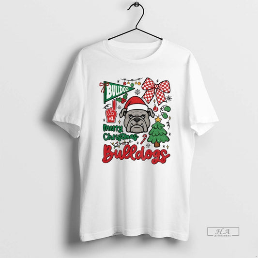 Official Merry Christmas Georgia Bulldogs Game Day Mascot Festive Checkerboard Bow T-Shirts, Hoodie, Sweatshirt