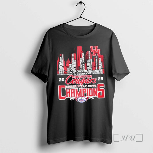 Officials 2025 Kinders Texas Bowl Champions Houston Cougars All Names City Skyline Premium T Shirts Hoodie, Sweatshirt