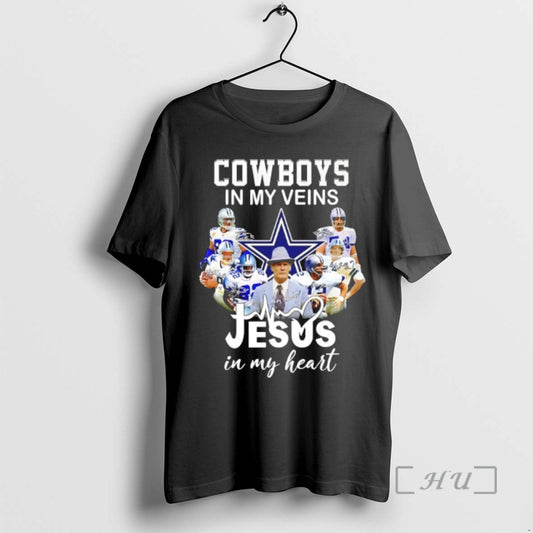 Officials Cowboys In My Veins Jesus In My Heart Player Collage Signatures Premium T Shirts Hoodie, Sweatshirt