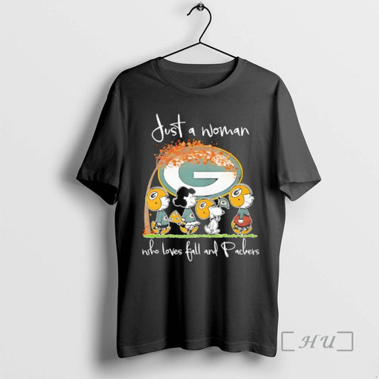 Officials Peanuts Green Bay Packers Just A Woman Who Loves Fall And Packers Premium T-Shirts, Hoodie, Sweatshirt