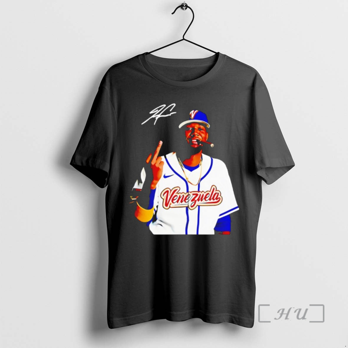 Officials Ronald Acuna Jr Smoking And Middle Finger Venezuela Baseball Signature Premium T Shirts Sweater