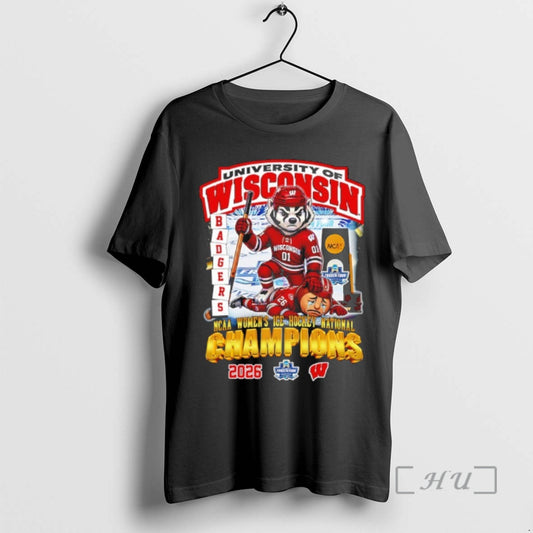 Officials University Of Wisconsin Ncaa Womens Ice Hockey National Champions 2026 Mascot Premium T Shirts