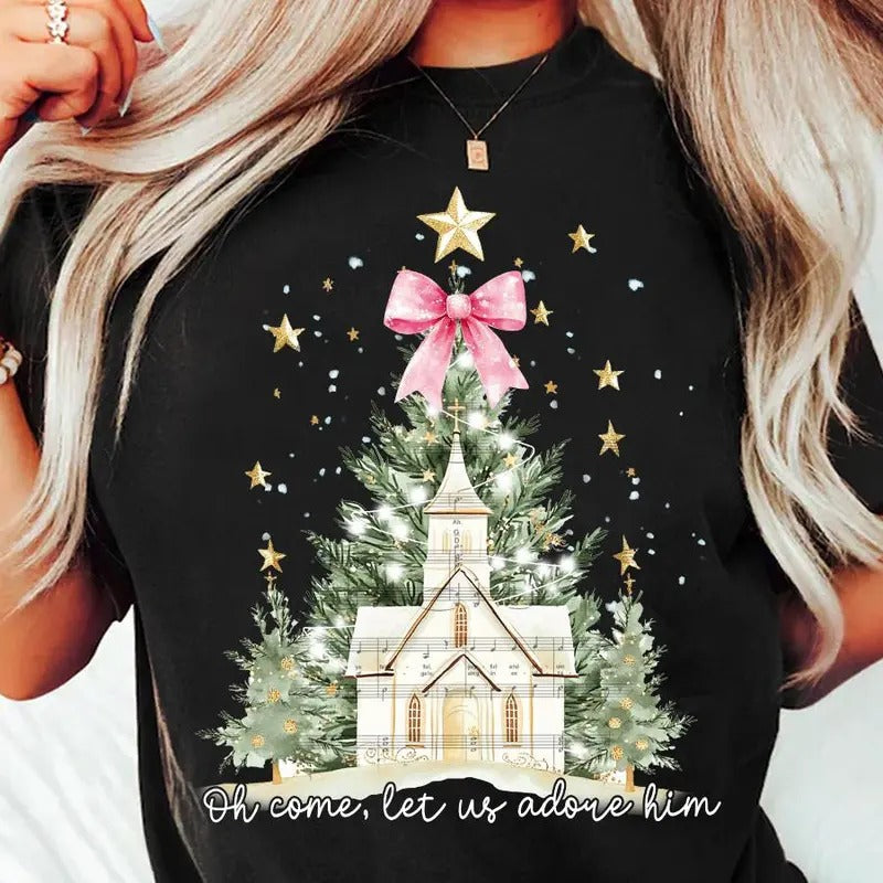 Oh Come Let Us Adore Him Coquette Bow Christmas Tree Shirt - Cotton, Fabric Crewneck Fit Hoodie, Sweatshirt | WearSparks.com