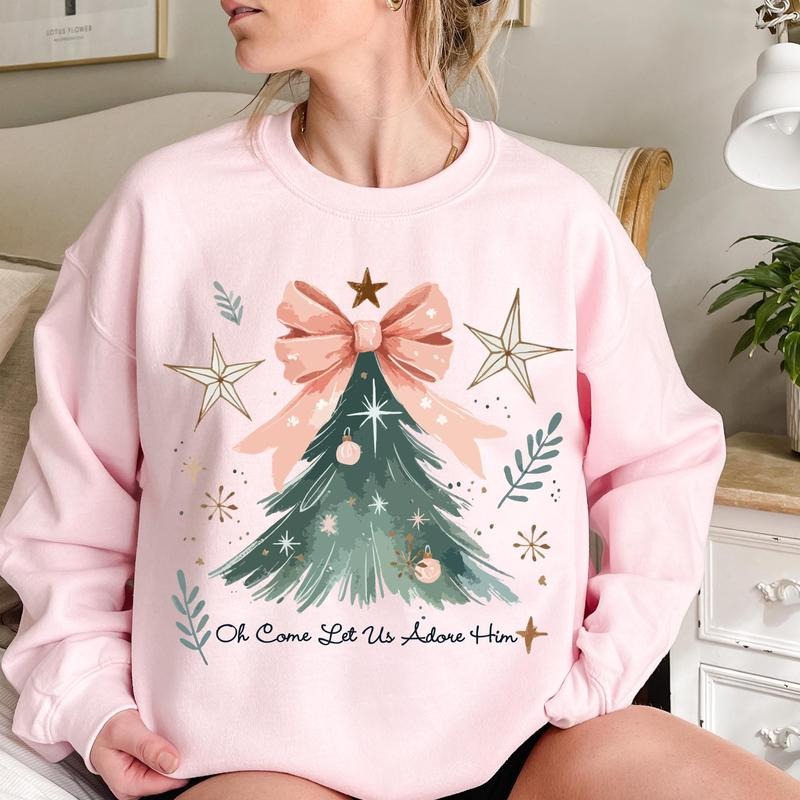 Oh Come Let Us Adore Him Coquette Bow Christmas Tree Sweatshirt, Christmas Jesus Watercolor, Christian Christmas Xmas...
