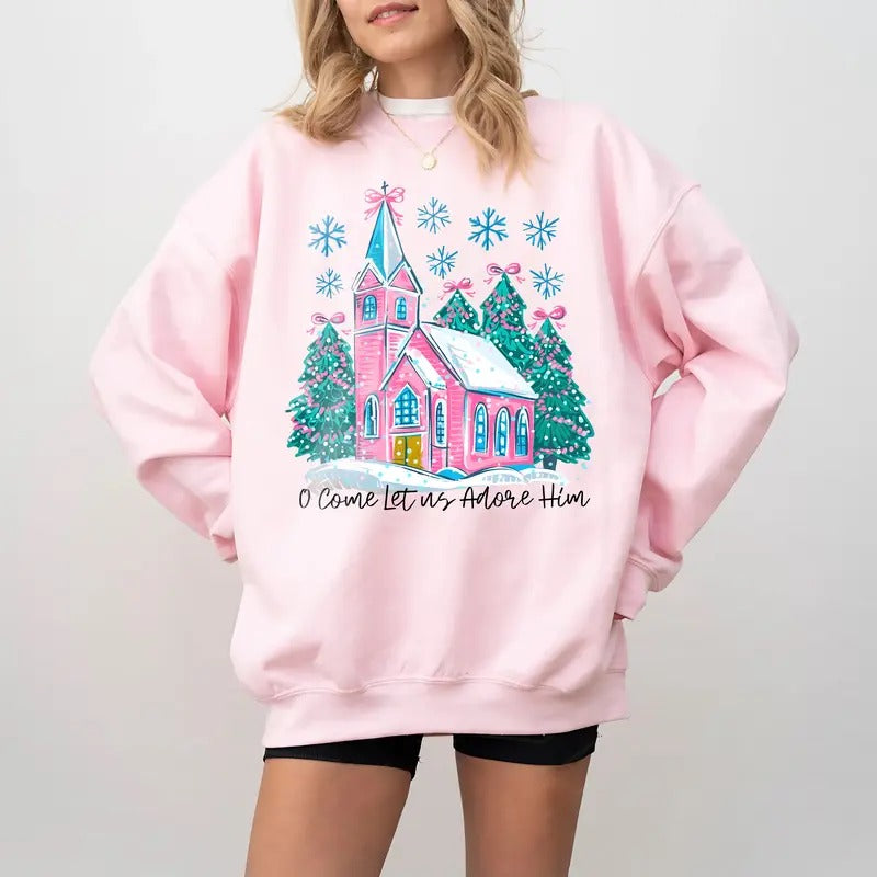 Oh Come Let Us Adore Him Pink Church Sweatshirt, Christian Christmas Shirt, Retro Christmas Shirt, Religious Christmas...