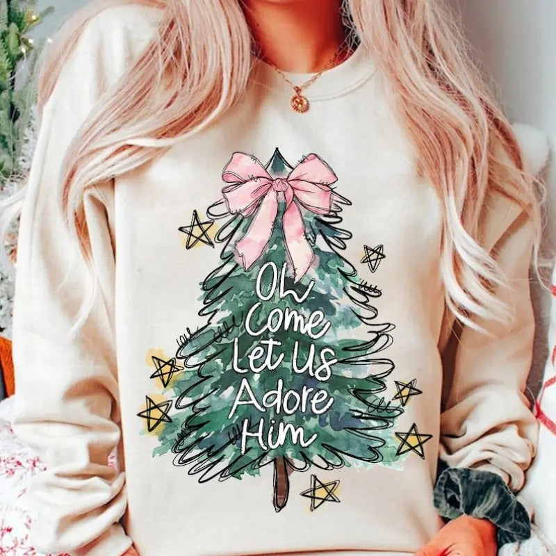 Oh Come Let Us Adore Him Shirt, Jesus Christmas Sweatshirt, Coquette Christmas Tree Tee, Hand Drawn, Christian Christmas...