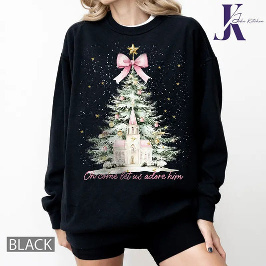 Oh Come Let Us Adore Him Shirt, Watercolor Christmas Tree Girly, Jesus Christmas Coquette Bow Tree Sweater, Christmas...